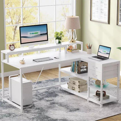 Tribesigns Reversible L-shaped Computer Desk with Drawer, Corner Desk Table with Storage Shelves and Monitor Stand for Home Office