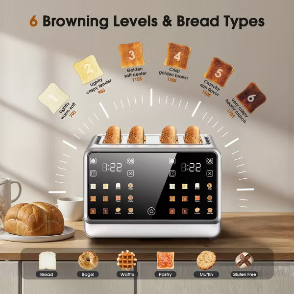 Teendow Touch Screen Toaster 4 Slice, 1800W Stainless Steel Digital Smart Toaster with Dual Controls, 6 Shade Levels for Bagels, Bread, and Pastries
