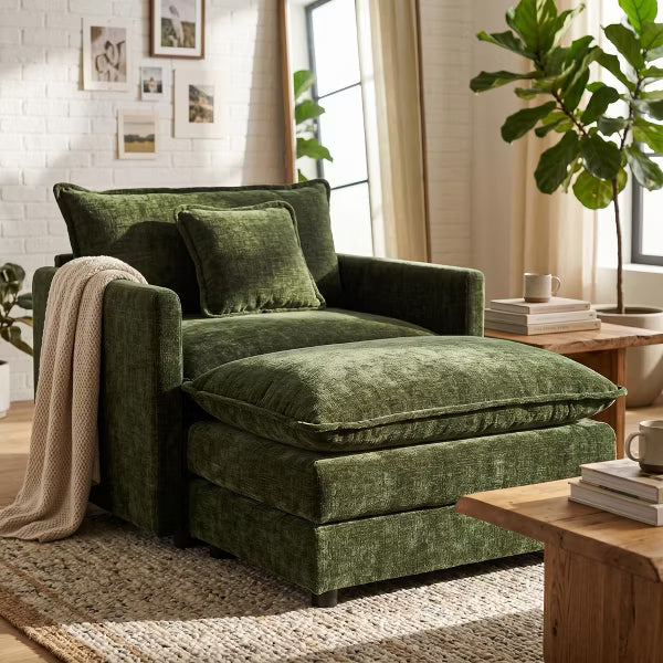 Comfy Deep Single Seat Chenille Sofa with Movable Ottoman, Modern Upholstered Reading Accent Chair & Footstool Set, Dark Green
