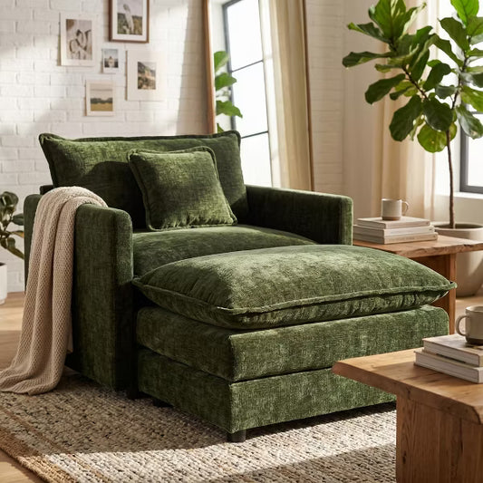 Comfy Deep Single Seat Chenille Sofa with Movable Ottoman, Modern Upholstered Reading Accent Chair & Footstool Set, Dark Green