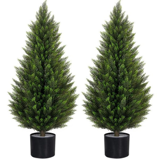 ROMSWI 2Pack 3-5ft Artificial Cedar Topiary Tree UV-Resistant, Commercial-Grade Wind-Proof Faux Pine for All-Season Porch & Entryway Decor Green 3-FT