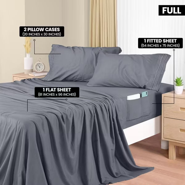 Hoey Full Size 4-Piece Microfiber Sheet Set – Deep Pocket Bed Sheets with Embroidered Pillowcase (Gray)