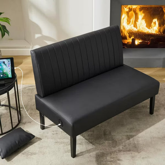 TYBOATLE 43" W Mini Small Black Leather Couch Armless Loveseat Sofa w/ USB Port, Couches for Living Room, Apartment, Office, Dorm, Bedroom