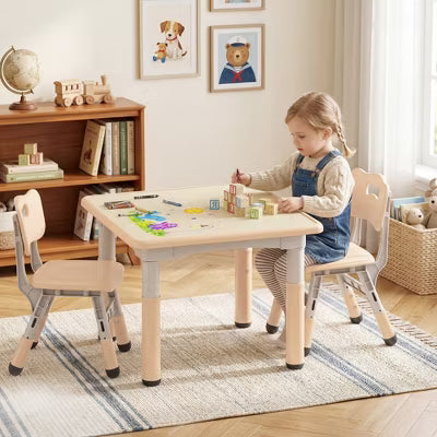 TODECARE Kids Table and Chair Set with Height Adjustable Table & Chairs, and Safe Design, Perfect for Play, Study, and Dining, Natural