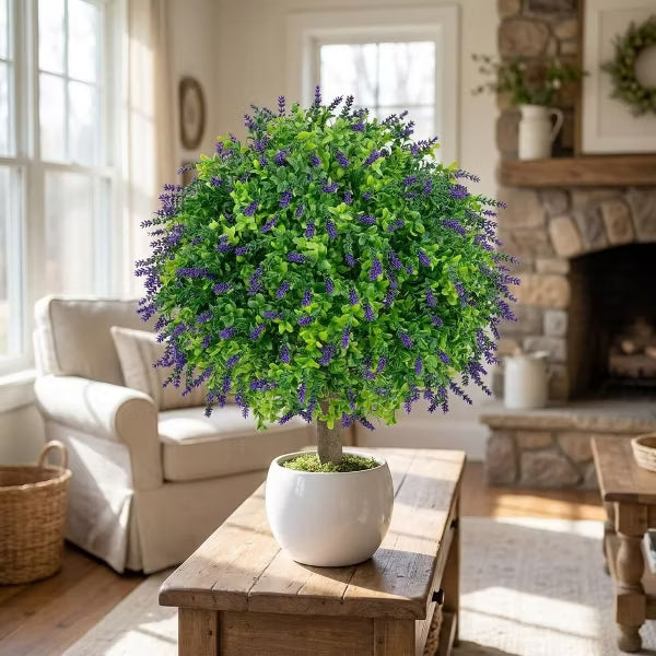2 PCS Artificial Boxwood and Lavender Topiary Ball with Ground Spike UV Resistant & Fade-Proof Faux Shrub for Outdoor Indoor & Pathway Decor