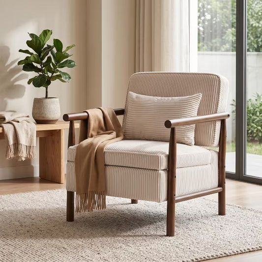 LauKingdom Antique White Mid-Century Modern Corduroy Accent Chair with Hidden Storage & Lumbar Pillow for Living Room, Dorm, Apartment