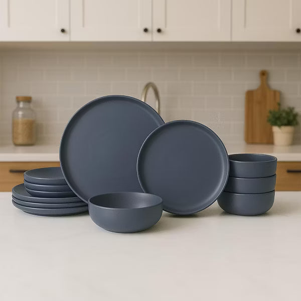 12-Piece Stoneware Dinnerware Set for 4, Includes Dinner Plates, Salad Plates and Bowls, Microwave and Dishwasher Safe，Slate Blue