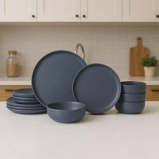 12-Piece Stoneware Dinnerware Set for 4, Includes Dinner Plates, Salad Plates and Bowls, Microwave and Dishwasher Safe，Slate Blue