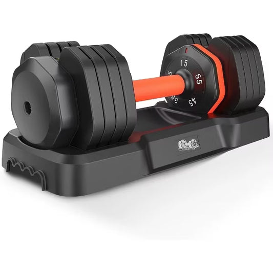 FED FITNESS Single Adjustable Dumbbell 55LBS, 5-in-1 Weight Dumbbell with Storage Tray, Quick Adjustment Anti-Slip Grip
