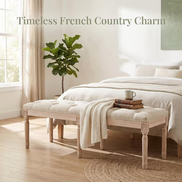Bedroom Bench, French Vintage Tufted Entryway Bench, 47.2" Upholstered End of Bed Seat with Carved Wood Legs, Linen Ottoman for Living Room, Foyer