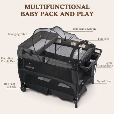 TODECARE 5-in-1 Baby Playard with Bassinet, Bedside Sleeper, Changing Table, Canopy & Side Zipper, Portable Baby Playard
