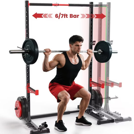 FLYBIRD Adjustable Squat Rack for 6FT/7FT Barbells, Power Rack with Pull-Up Bar, 22 Positions, J-Hooks, Safety Arms & Home Gym Weight Set