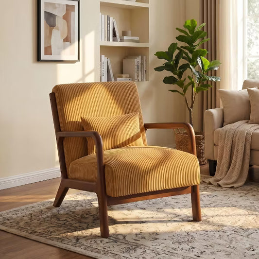 Nordhavn Corduroy Accent Chair with Solid Wood Frame & Lumbar Pillow, Retro Lounge Armchair for Living Room, Mustard Gold