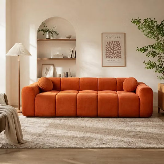 98.4" Large Corduroy Compression Sofa, Cloud Puff Couch 3 Seat Deep Sofa with 2 Pillows, No Assembly Living Room Couch for Apartment & Studio