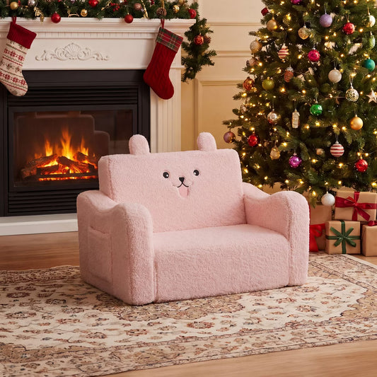 TODECARE 2-in-1 Toddler Sofa Chair – Foldable Baby Couch & Flip-Open Sofa Bed for Playroom, Pink