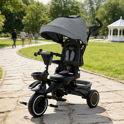 TODECARE 8-in-1 Kids Folding Tricycle with Adjustable Push Handle, Gray