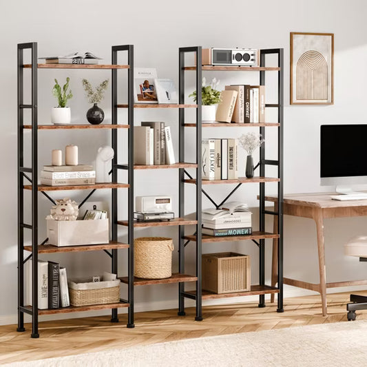 Qwatto Brown 5 Tier Bookshelf 14 Open Display Shelves Wood Metal Storage Organizer Industrial Wide Shelving Unit Freestanding Etagere in Home Office