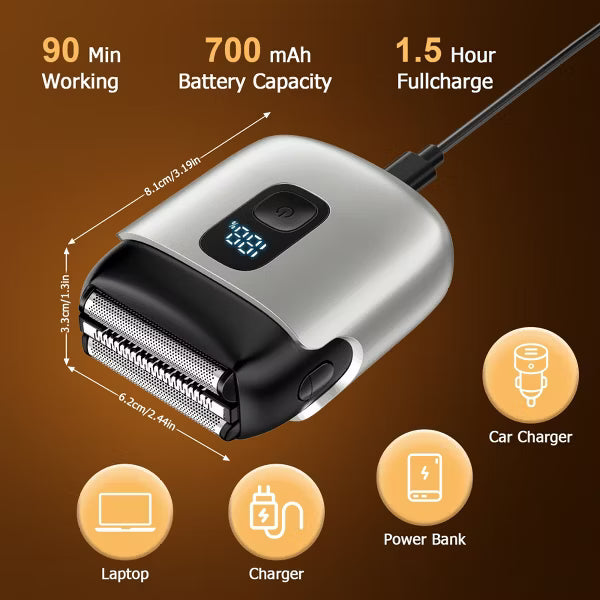 Mini Electric Foil Shaver with LED Display, Wet/Dry IPX7 Waterproof, USB-C Rechargeable,Gold.