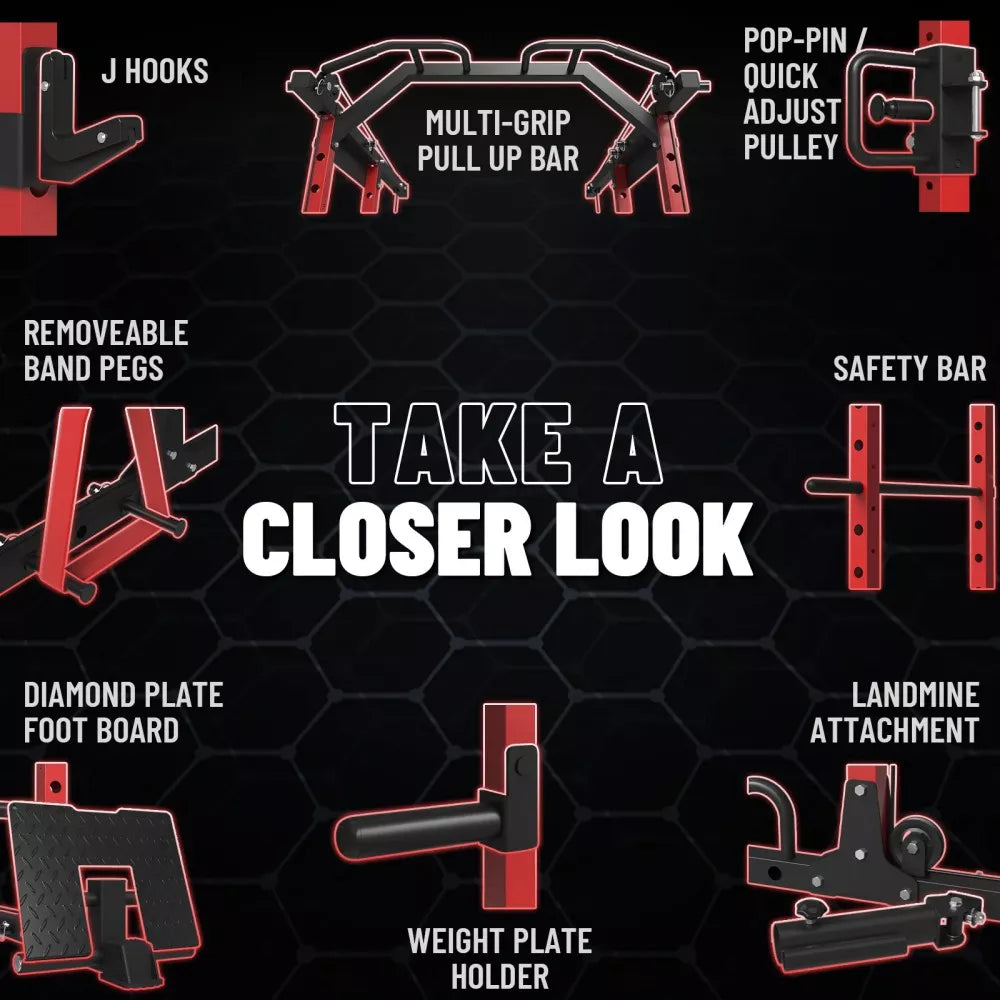 Power Cage with Cable Crossover System, 1500LB Power Rack Home Gym(230LB Color Plates, 7FT Barbell, Weight Bench,Red)