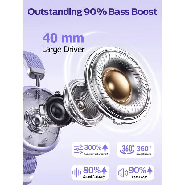 SY-BT1632 Purple Over-Ear Bluetooth Headphones: 40mm Bass Driver, Bluetooth 5.3 Dual-Mode, 40hr Battery, Comfort Fit