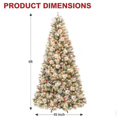 VIVATREES 6 Ft Prelit Snow Flocked Christmas Tree Hinged Branches, Artificial Christmas Tree, Warm White Lights, Metal Stand